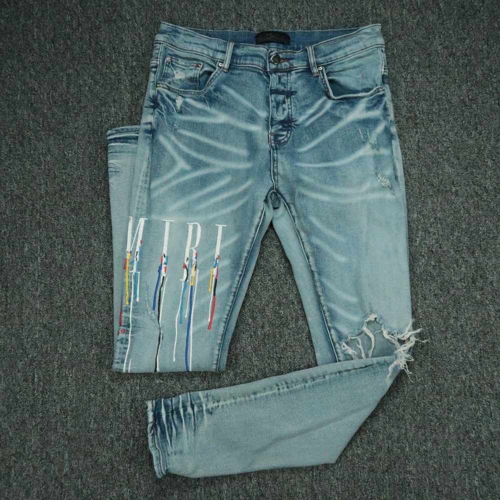 AMIRI Jeans Mens 32x30 Blue 5 Pocket Paint Drip Distressed Streetwear Denim